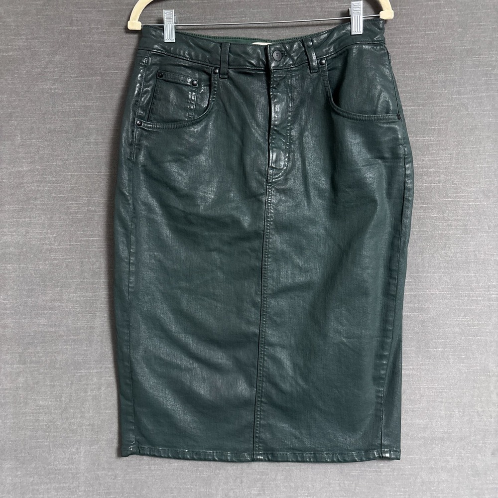 Pilcro Skirt 10 Dark Green Waxed Coated Denim Stretch Pencil Moto Urban‎ Edgy